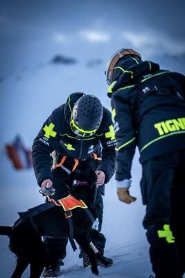 Pisteurs secouristes et leur chien sur le domaine skiable de Tignes
